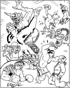 Combat image from Multiverser: The Game: Referee's Rules, by Jim Denaxas, (c)E. R. Jones & M. Joseph Young