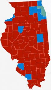 This electoral results map of Illinois, copied from Politico, is typical of "blue" states taken by Clinton:  a few patches of "blue" in the populous areas within a sea of mostly red.