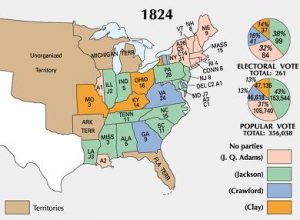 The electoral map of the 1824 Presidential election, in which Andrew Jackson took the clear plurality of both the popular and the electoral vote but not the majority of either, throwing the decision to the House of Representatives, who selected John Quincy Adams to serve.